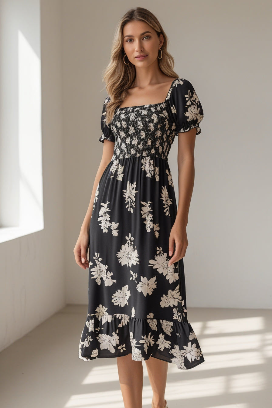 Women's White Smocked Midi Dress with Red Floral Print – Summer Cottagecore Stylel Pleated Backless Casual Dress