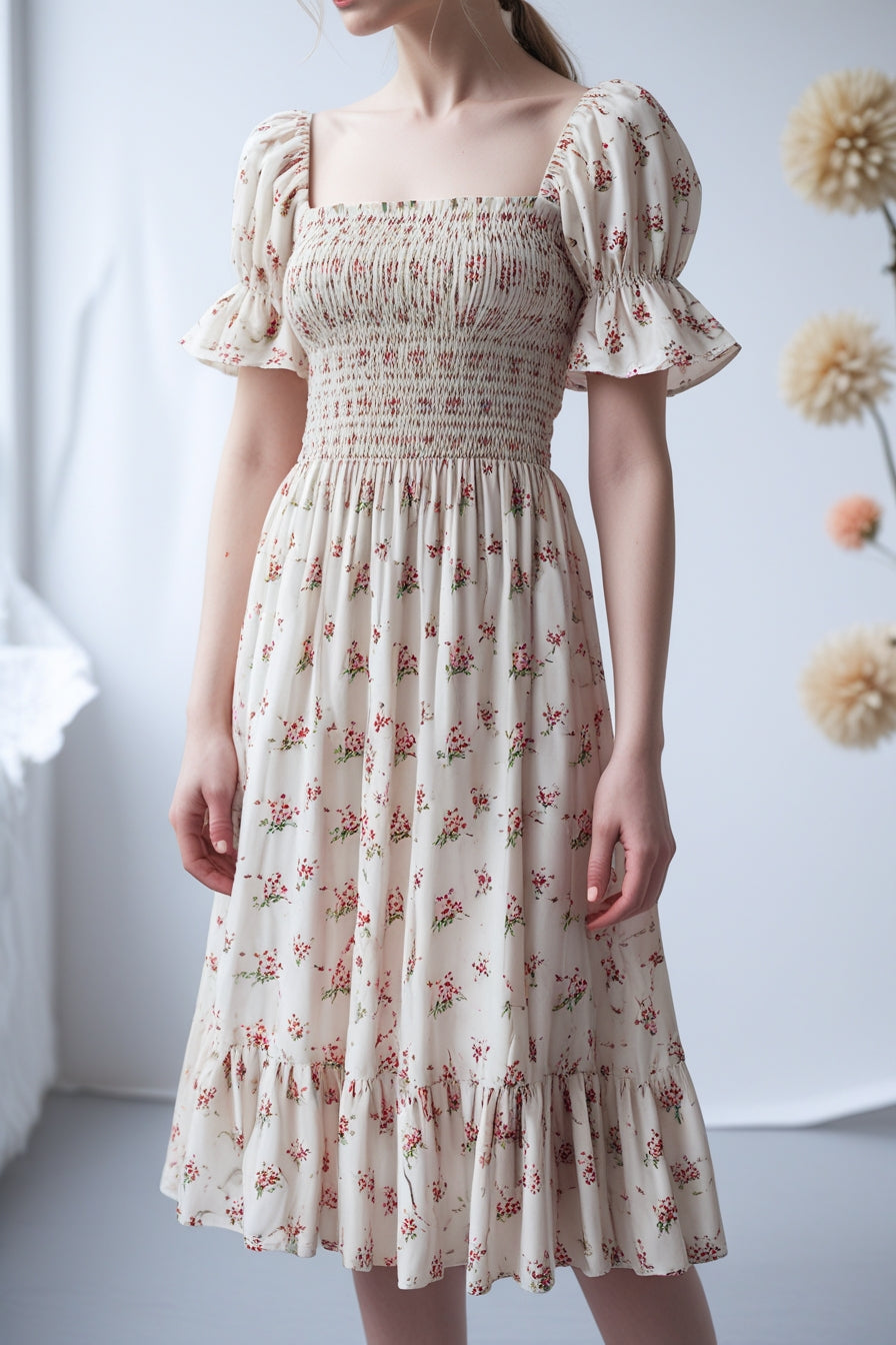 Women's White Smocked Midi Dress with Red Floral Print – Summer Cottagecore Stylel Pleated Backless Casual Dress