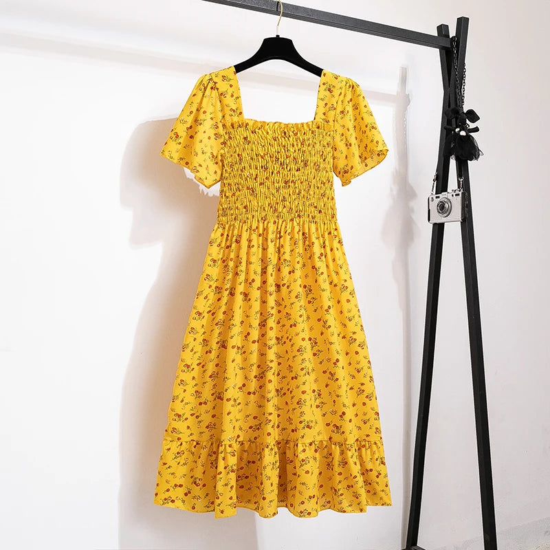 Women's White Smocked Midi Dress with Red Floral Print – Summer Cottagecore Stylel Pleated Backless Casual Dress