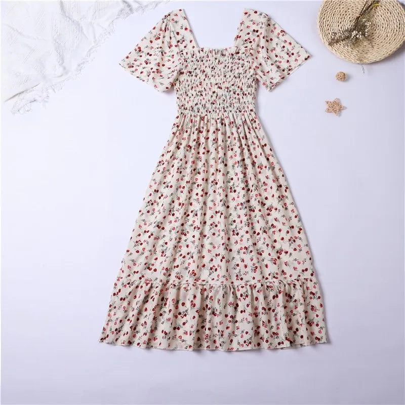 Women's White Smocked Midi Dress with Red Floral Print – Summer Cottagecore Stylel Pleated Backless Casual Dress