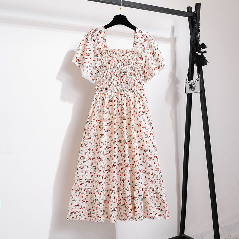 Women's White Smocked Midi Dress with Red Floral Print – Summer Cottagecore Stylel Pleated Backless Casual Dress