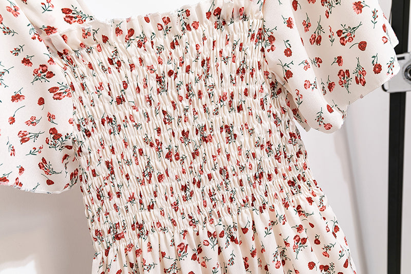 Women's White Smocked Midi Dress with Red Floral Print – Summer Cottagecore Stylel Pleated Backless Casual Dress