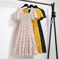 Women's White Smocked Midi Dress with Red Floral Print – Summer Cottagecore Stylel Pleated Backless Casual Dress