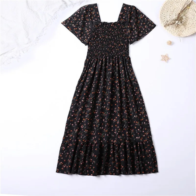 Women's White Smocked Midi Dress with Red Floral Print – Summer Cottagecore Stylel Pleated Backless Casual Dress