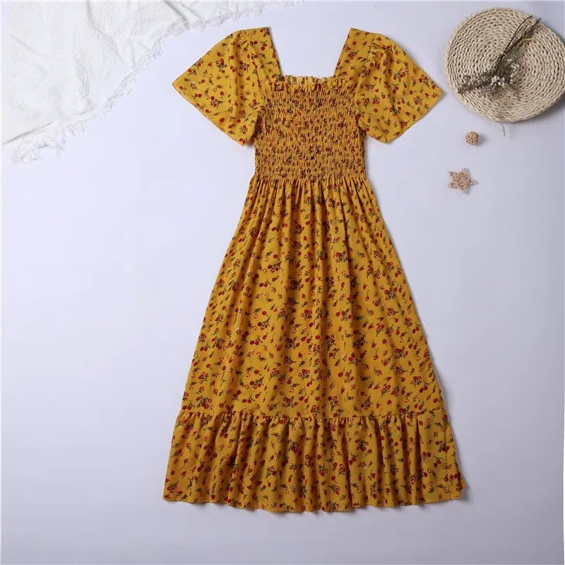 Women's White Smocked Midi Dress with Red Floral Print – Summer Cottagecore Stylel Pleated Backless Casual Dress