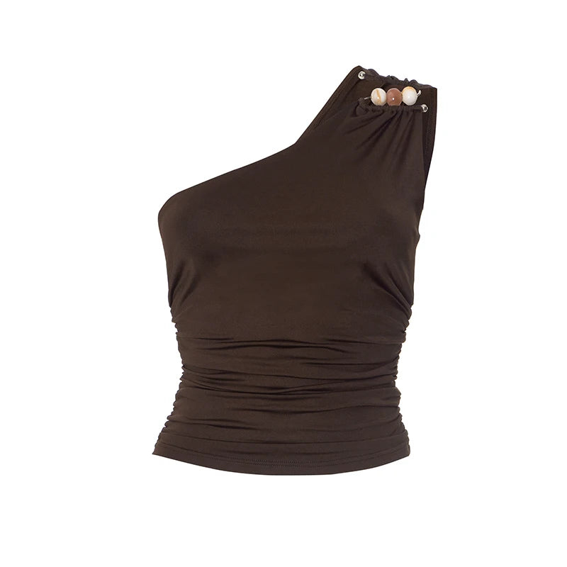 Soulskins "Embrace" Ruched One-Shoulder Top – Earth-Tone Grace