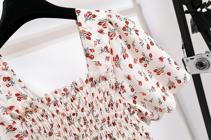 Women's White Smocked Midi Dress with Red Floral Print – Summer Cottagecore Stylel Pleated Backless Casual Dress