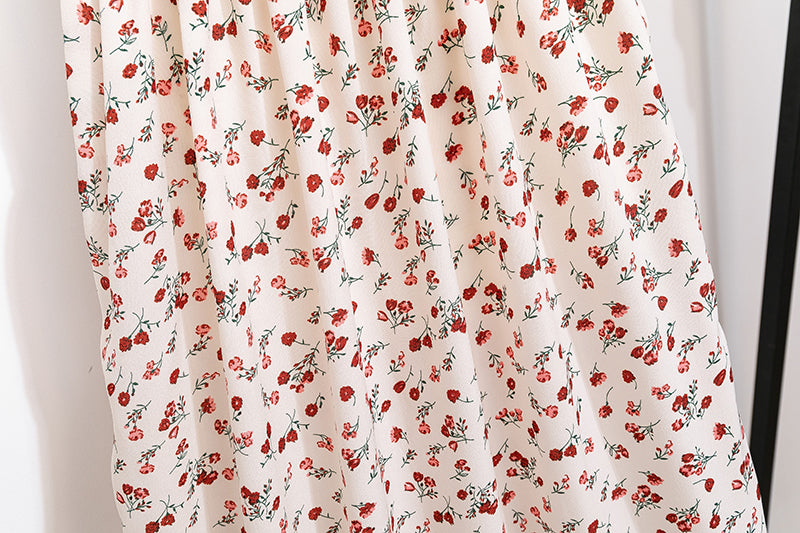 Women's White Smocked Midi Dress with Red Floral Print – Summer Cottagecore Stylel Pleated Backless Casual Dress