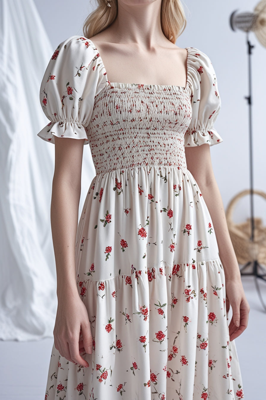 Women's White Smocked Midi Dress with Red Floral Print – Summer Cottagecore Stylel Pleated Backless Casual Dress