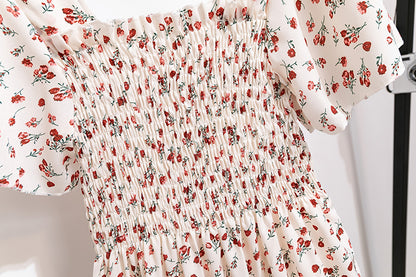 Women's White Smocked Midi Dress with Red Floral Print – Summer Cottagecore Stylel Pleated Backless Casual Dress