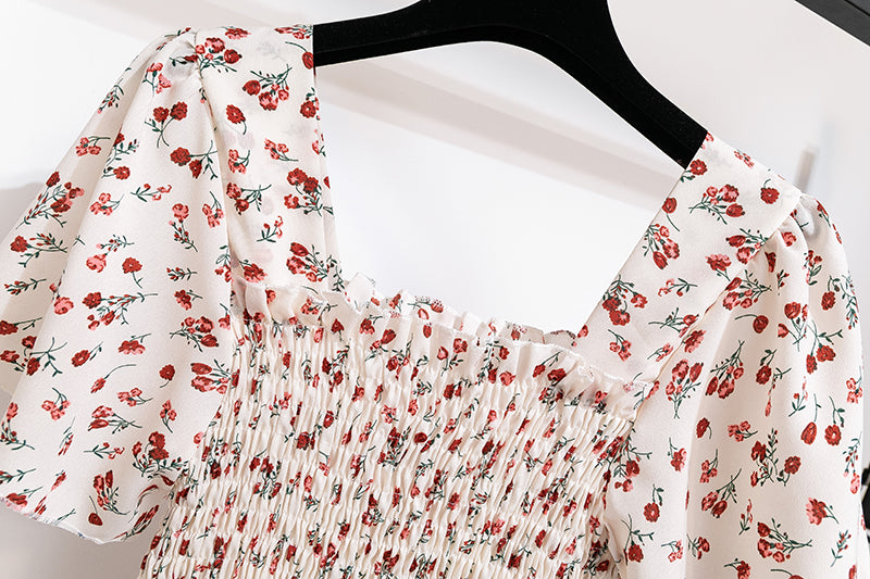 Women's White Smocked Midi Dress with Red Floral Print – Summer Cottagecore Stylel Pleated Backless Casual Dress