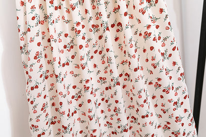 Women's White Smocked Midi Dress with Red Floral Print – Summer Cottagecore Stylel Pleated Backless Casual Dress